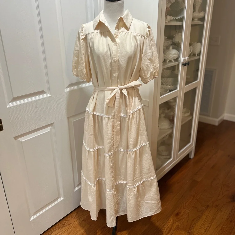 Women’s Cream Button-Front Tiered Maxi Dress with Self-Tie Waist - Picture 2 of 6